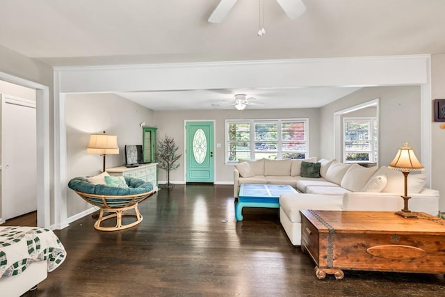 5400 Francis Ave, Stone Mountain, GA 30087 - living area featuring ceiling fan, wood finished floors, and baseboards