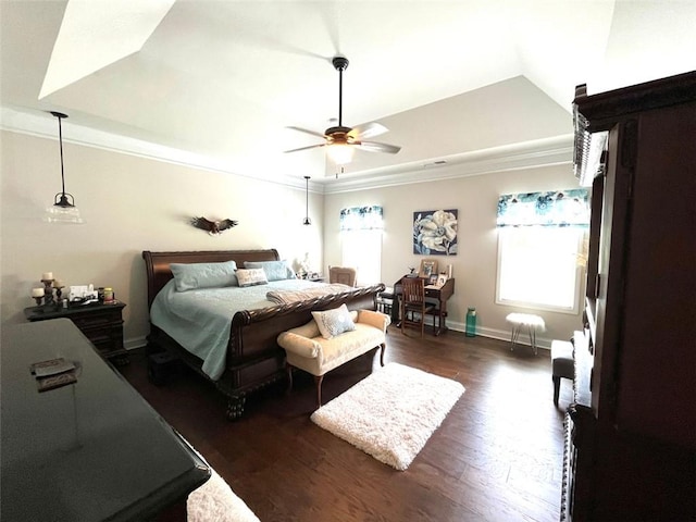 bedroom featuring a tray ceiling, ceiling fan, and dark hardwood / wood-style flooring