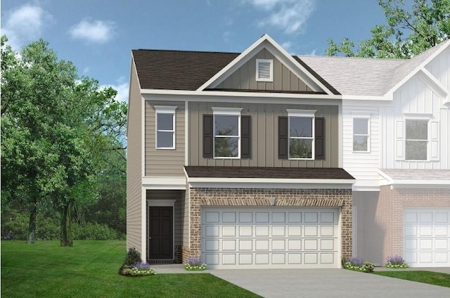 84 Ravencliff Dr Unit 84, Austell, GA 30168 - view of front of home featuring board and batten siding, a garage, a front lawn, driveway, and roof with shingles