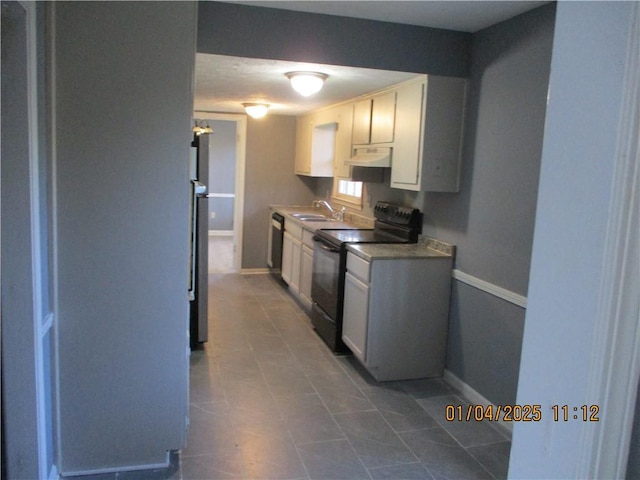 kitchen featuring white cabinets, stainless steel dishwasher, black range with electric stovetop, and sink