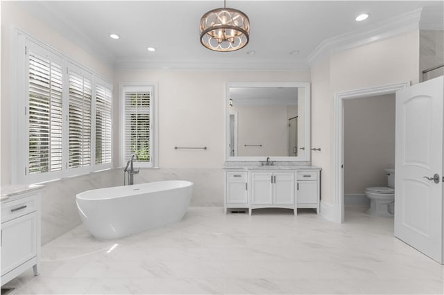 1070 Prosperity Pt, Greensboro, GA 30642 - bathroom with vanity, marble finish floors, a soaking tub, ornamental molding, and recessed lighting