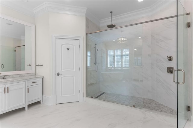 1070 Prosperity Pt, Greensboro, GA 30642 - bathroom with a stall shower, crown molding, vanity, marble finish flooring, and a chandelier