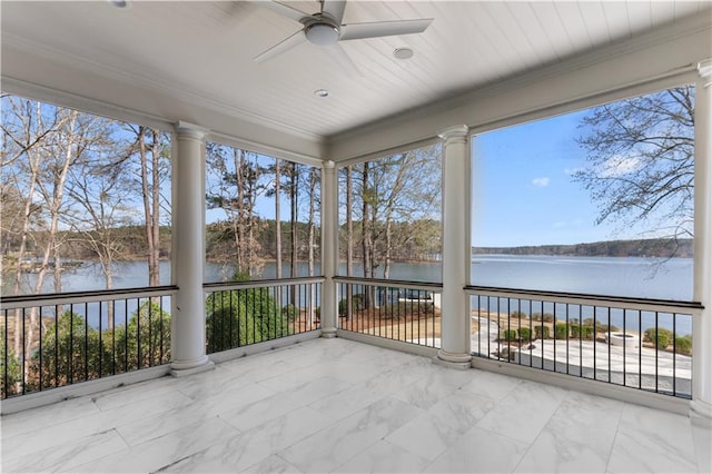 1070 Prosperity Pt, Greensboro, GA 30642 - unfurnished sunroom featuring a water view, marble finish flooring, and ornate columns