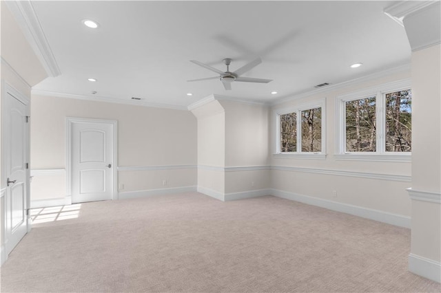 1070 Prosperity Pt, Greensboro, GA 30642 - empty room with light carpet, a ceiling fan, recessed lighting, crown molding, and baseboards