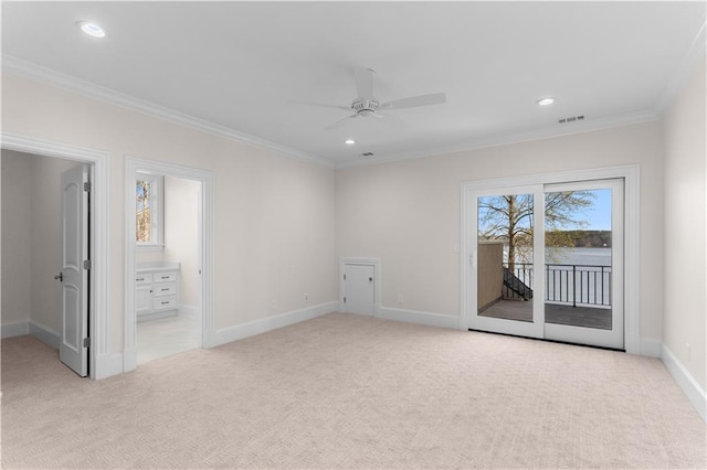 1070 Prosperity Pt, Greensboro, GA 30642 - empty room with light carpet, ornamental molding, a ceiling fan, baseboards, and recessed lighting