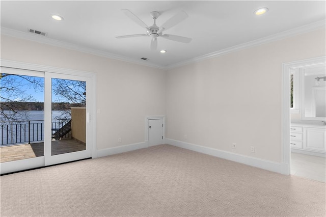 1070 Prosperity Pt, Greensboro, GA 30642 - unfurnished room with recessed lighting, light carpet, a ceiling fan, ornamental molding, and baseboards