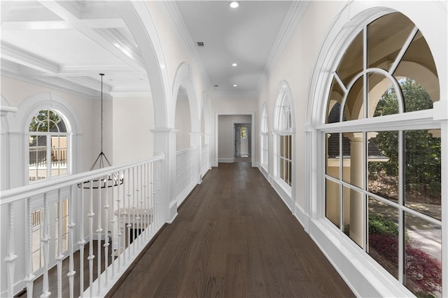 1070 Prosperity Pt, Greensboro, GA 30642 - hall with plenty of natural light, recessed lighting, wood finished floors, crown molding, and beam ceiling
