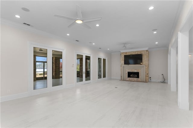 1070 Prosperity Pt, Greensboro, GA 30642 - unfurnished living room featuring ceiling fan, ornamental molding, recessed lighting, a fireplace, and light tile patterned floors