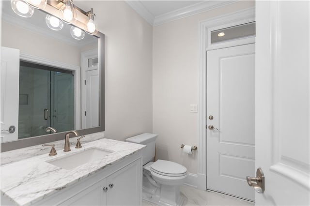1070 Prosperity Pt, Greensboro, GA 30642 - bathroom featuring marble finish flooring, vanity, toilet, crown molding, and a shower with door