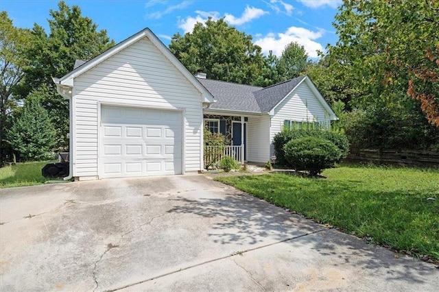 single story home featuring a porch, a garage, and a front lawn