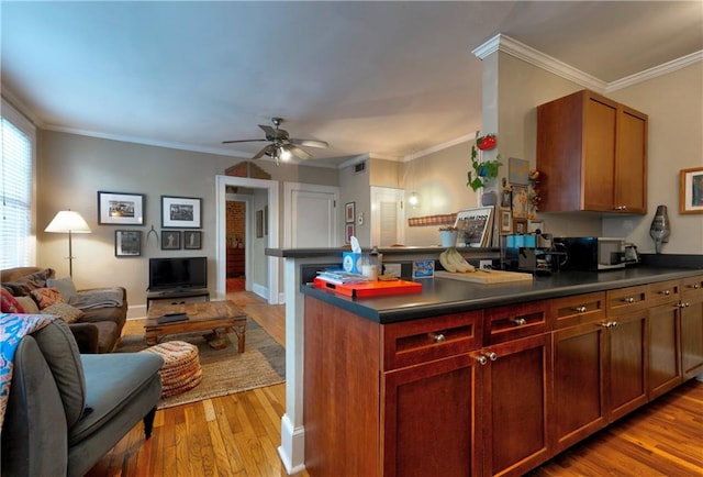 kitchen featuring ceiling fan, light wood-type flooring, and ornamental molding