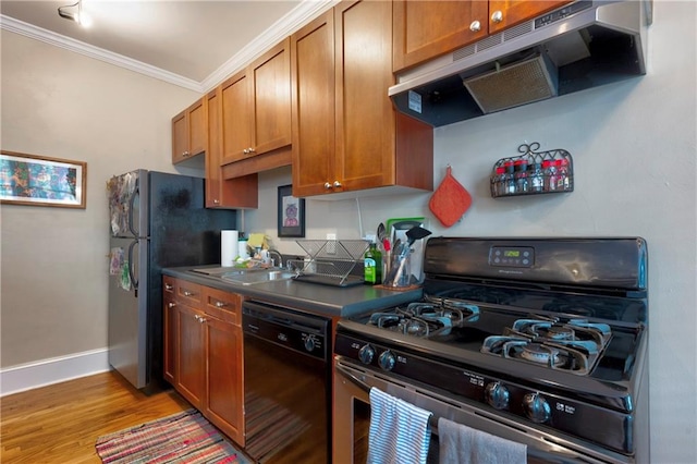 kitchen with light hardwood / wood-style floors, ornamental molding, sink, and stainless steel appliances