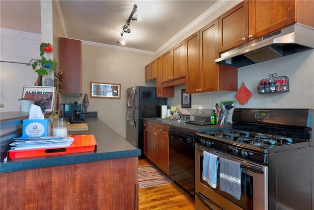 kitchen with sink, rail lighting, light hardwood / wood-style flooring, black appliances, and ornamental molding