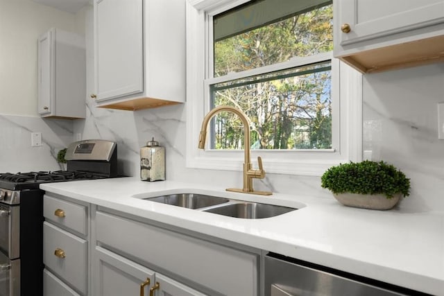 kitchen featuring white cabinets, appliances with stainless steel finishes, decorative backsplash, and sink