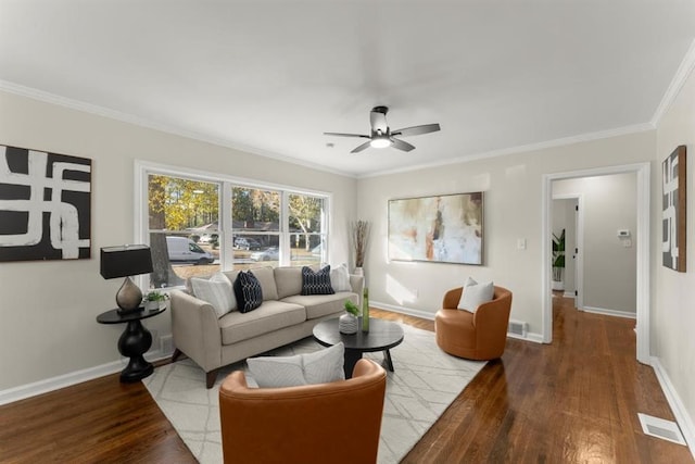 living room featuring ceiling fan, hardwood / wood-style floors, and ornamental molding