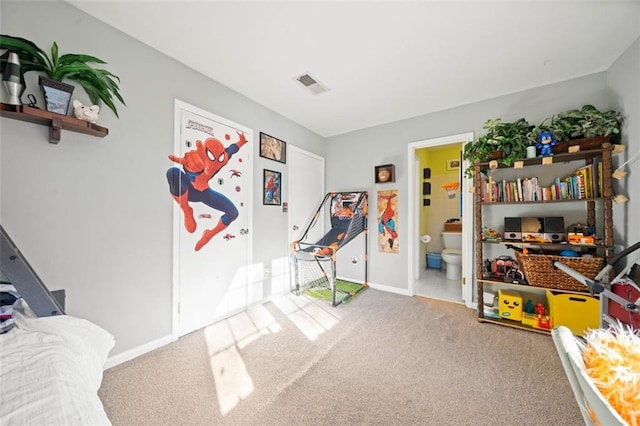 playroom with carpet, visible vents, and baseboards