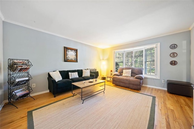 living area featuring baseboards, light wood-style flooring, and crown molding