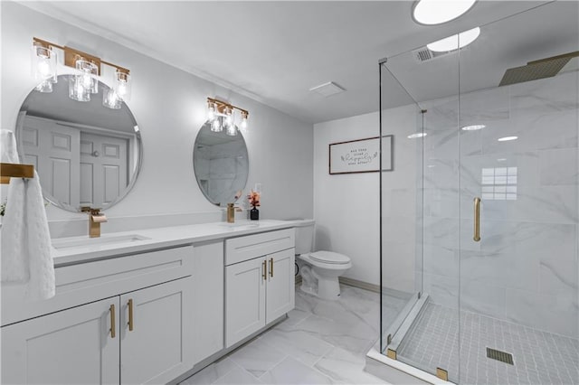 full bath with marble finish floors, a shower stall, and double vanity