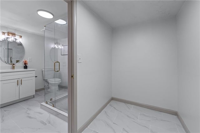 full bathroom featuring marble look tiles, baseboards, a stall shower, and vanity