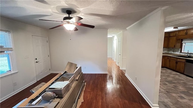 hall with a wealth of natural light, baseboards, ornamental molding, and a sink