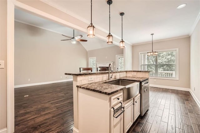 46 Grand Georgian Ct NE, Cartersville, GA 30121 - kitchen featuring a sink, dishwasher, a fireplace, dark wood-type flooring, and a ceiling fan