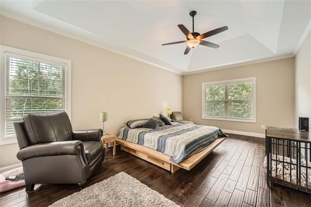 46 Grand Georgian Ct NE, Cartersville, GA 30121 - bedroom with a tray ceiling, dark wood-style flooring, ornamental molding, baseboards, and ceiling fan