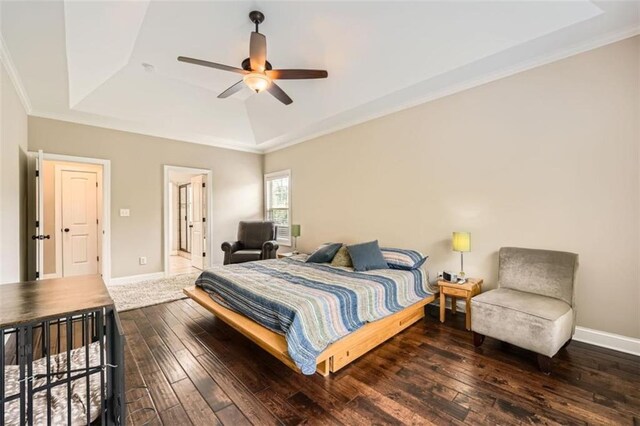 46 Grand Georgian Ct NE, Cartersville, GA 30121 - bedroom featuring hardwood / wood-style floors, ornamental molding, baseboards, a tray ceiling, and a ceiling fan