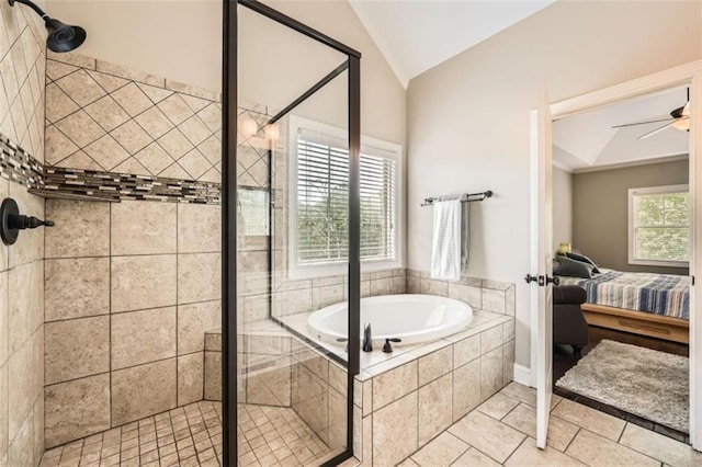 46 Grand Georgian Ct NE, Cartersville, GA 30121 - ensuite bathroom featuring lofted ceiling, a stall shower, a garden tub, tile patterned flooring, and ceiling fan