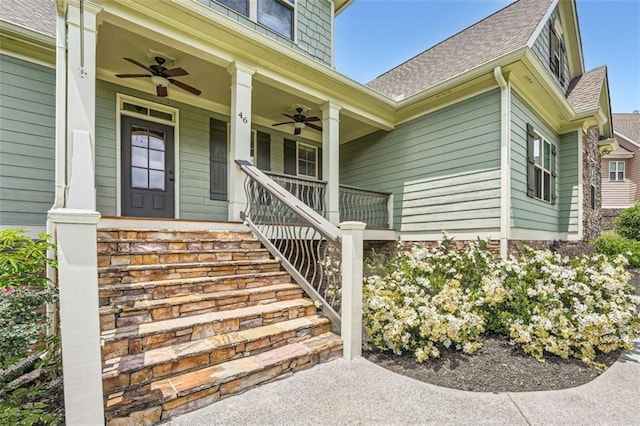 46 Grand Georgian Ct NE, Cartersville, GA 30121 - entrance to property featuring ceiling fan, a shingled roof, and a porch