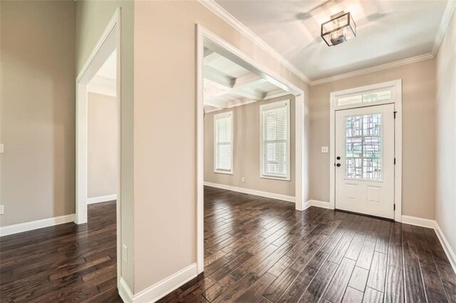 46 Grand Georgian Ct NE, Cartersville, GA 30121 - foyer entrance with dark wood-style floors, crown molding, baseboards, and beamed ceiling