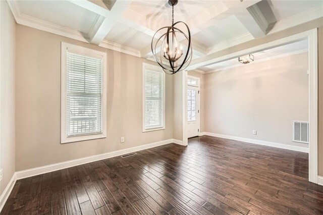 46 Grand Georgian Ct NE, Cartersville, GA 30121 - unfurnished room with coffered ceiling, a chandelier, dark wood-style flooring, beam ceiling, and baseboards