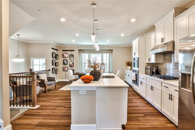 kitchen with an island with sink, stainless steel appliances, light countertops, under cabinet range hood, and a sink