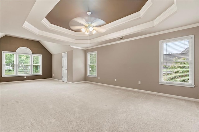 915 Summer Wind Pl, Roswell, GA 30075 - unfurnished room with a tray ceiling, ornamental molding, a ceiling fan, light colored carpet, and baseboards