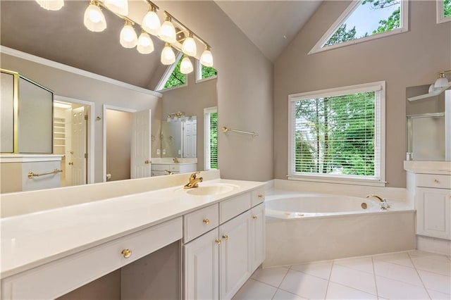 915 Summer Wind Pl, Roswell, GA 30075 - full bath with high vaulted ceiling, a bath, healthy amount of natural light, vanity, and tile patterned floors
