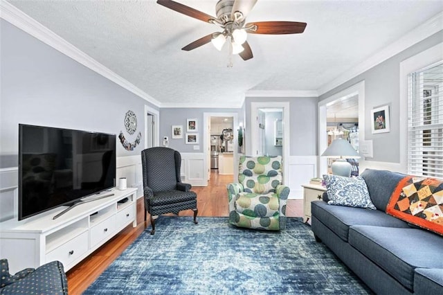 living room with hardwood / wood-style flooring, ceiling fan with notable chandelier, ornamental molding, and a textured ceiling