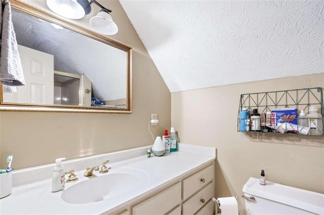 bathroom featuring vanity, toilet, and lofted ceiling