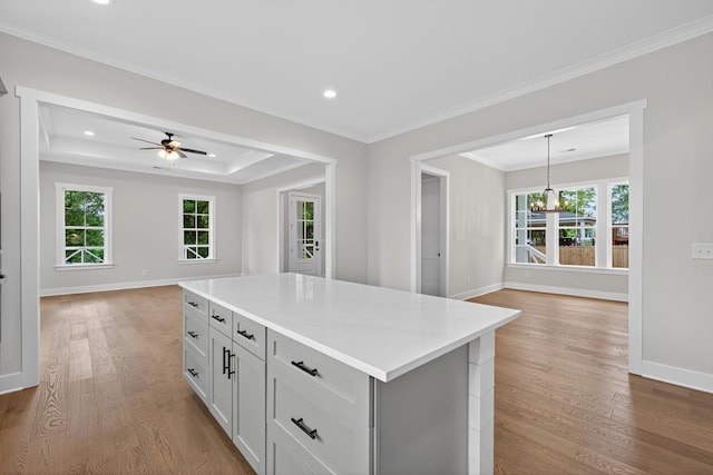 305 Milledge Ave, Monroe, GA 30655 - kitchen with open floor plan, ceiling fan, light countertops, wood finished floors, and a kitchen island