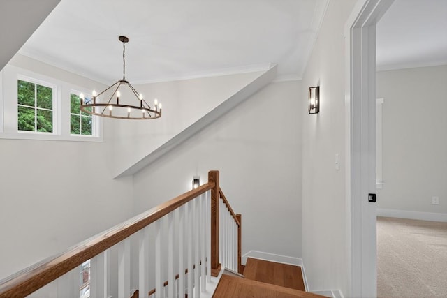 305 Milledge Ave, Monroe, GA 30655 - stairs with a chandelier, crown molding, and carpet floors