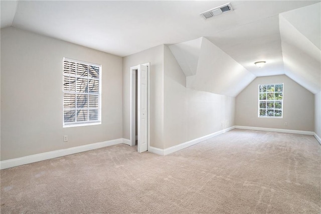 additional living space with light colored carpet and lofted ceiling