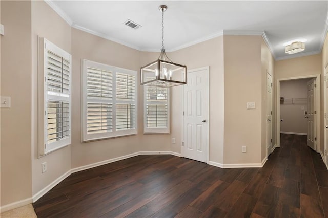 unfurnished dining area with visible vents, baseboards, dark wood-style floors, and a chandelier