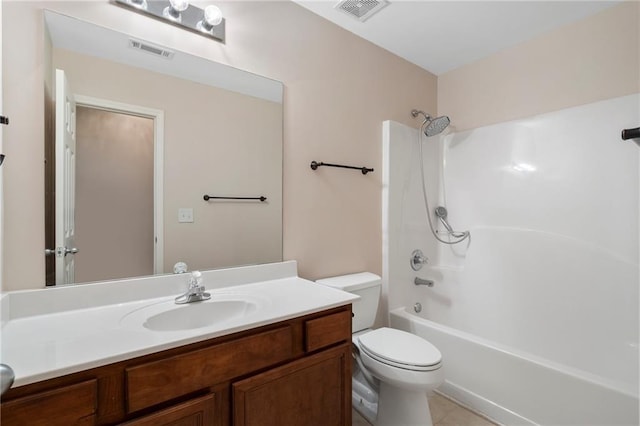 bathroom featuring visible vents, shower / bathtub combination, toilet, and vanity