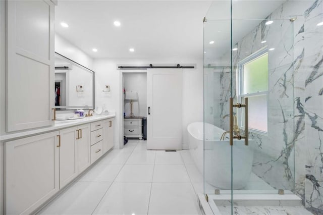 2021 Sherwood Dr SE, Marietta, GA 30062 - full bathroom with vanity, a soaking tub, a marble finish shower, and recessed lighting