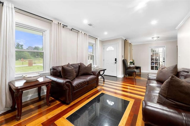 2021 Sherwood Dr SE, Marietta, GA 30062 - living area with crown molding, granite floors, baseboards, and recessed lighting