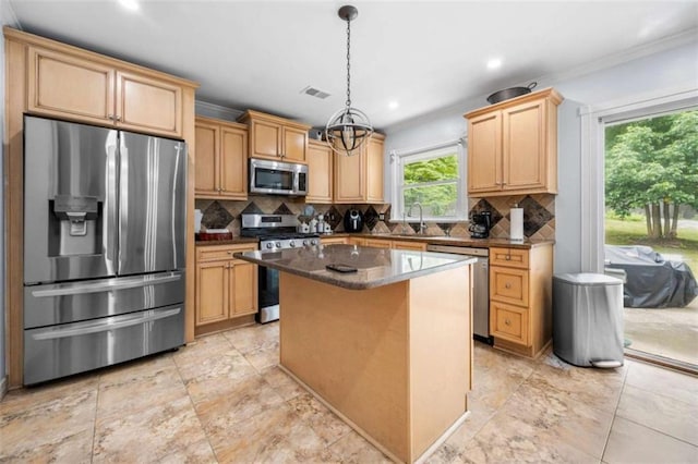 2021 Sherwood Dr SE, Marietta, GA 30062 - kitchen featuring stainless steel appliances, crown molding, tasteful backsplash, a chandelier, and a center island