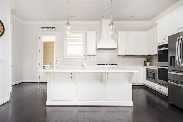 2026 Forte Ln, Alpharetta, GA 30009 - kitchen featuring custom range hood, appliances with stainless steel finishes, backsplash, white cabinets, and crown molding