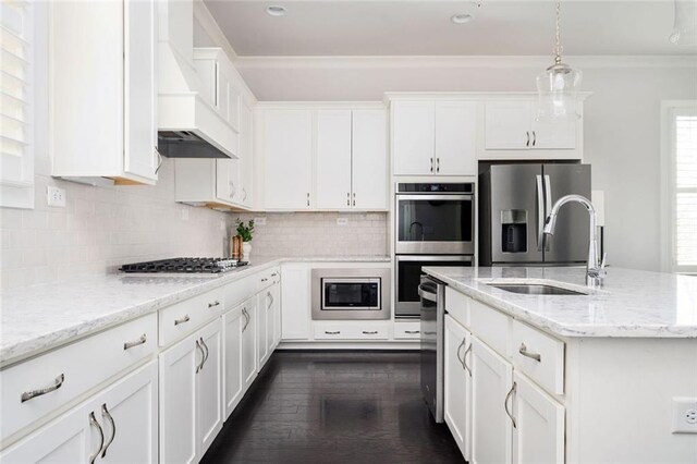 2026 Forte Ln, Alpharetta, GA 30009 - kitchen featuring custom exhaust hood, a sink, stainless steel appliances, white cabinets, and decorative light fixtures