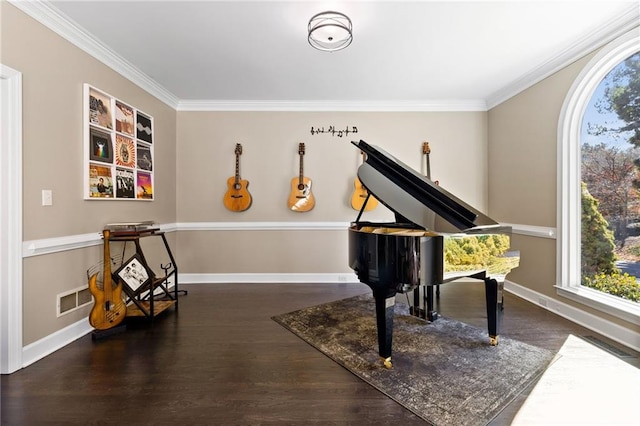 misc room with crown molding and dark wood-type flooring