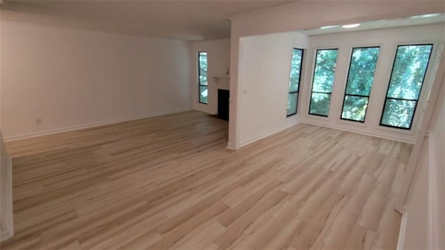 unfurnished living room with light wood-type flooring, a healthy amount of sunlight, a fireplace, and baseboards