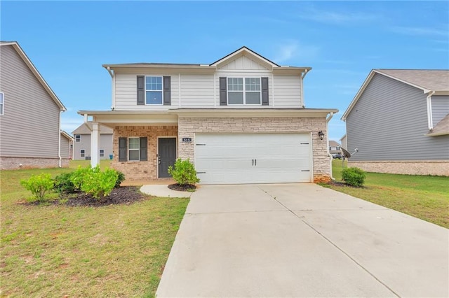 513 Moline Way, Locust Grove, GA 30248 - traditional-style house featuring a front lawn, an attached garage, concrete driveway, and brick siding