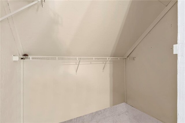 walk in closet with carpet and vaulted ceiling